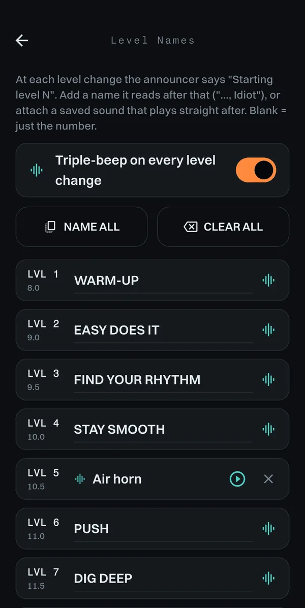 The 20 Metres level names screen, with custom names for target levels